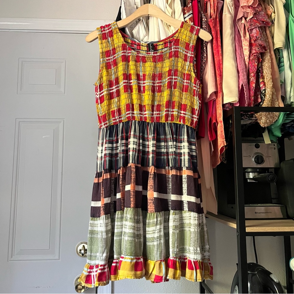 SACRED‎ THREADS yellow multicolor plaid tiered check sleeveless mini dress